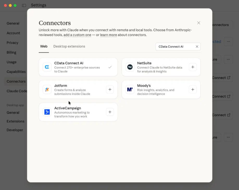 Claude AI Connectors Settings interface showing available tools